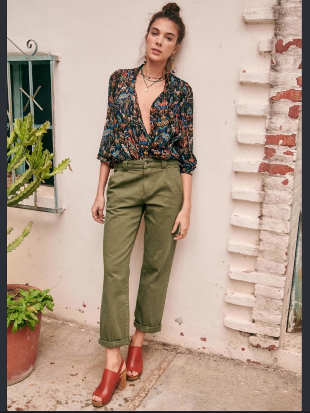 Sezane Olive Green High-Rise Trousers